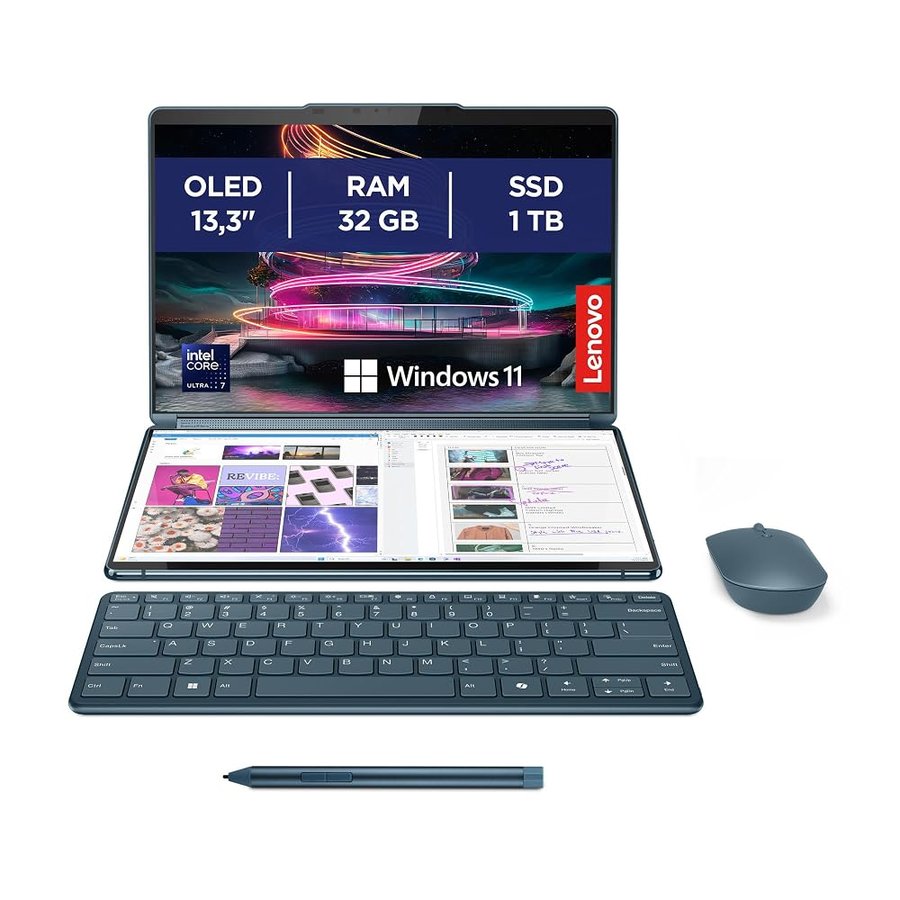Lenovo Yoga Book 9 Notebook 13,3" Display Touch 2.8K (2880x1800) OLED, Intel Core Ultra 7 155U, RAM 32GB, 1TB SSD, Windows 11, Lenovo Digital Pen 3 + Yoga Slim Mouse + Folio Stand inclusi - Tidal Teal
