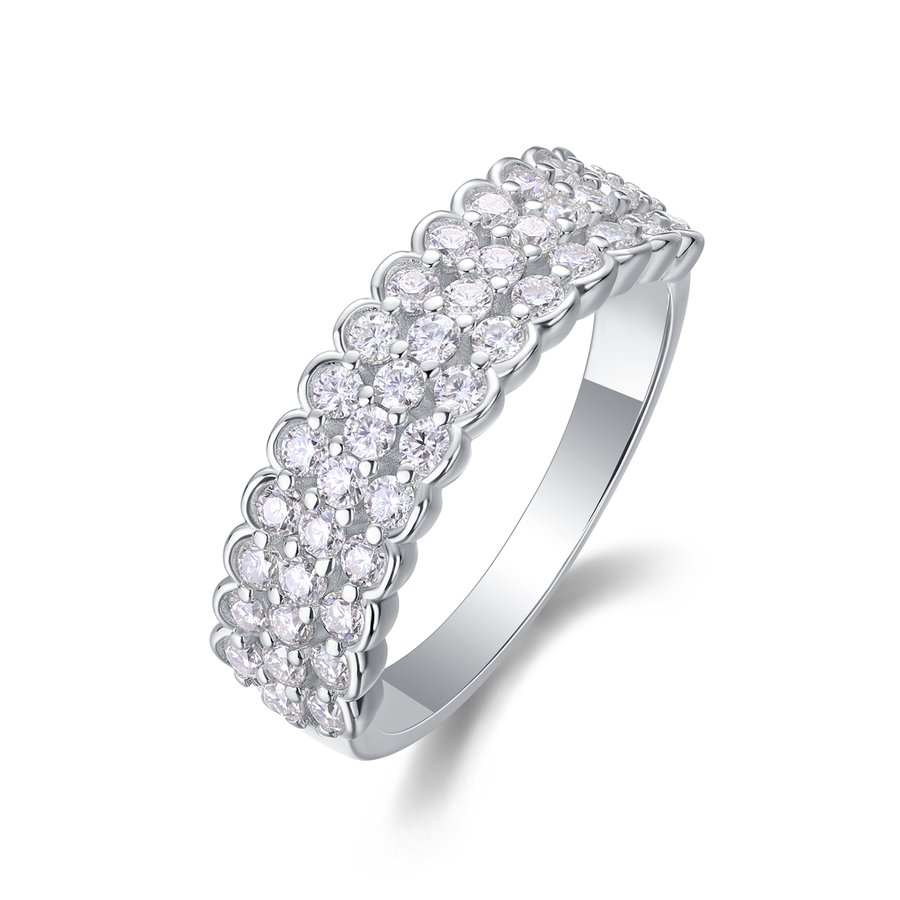 S925 Silver 3.6g Platinum Plated Moissanite Ring, 6.0mm 42pcs D VVS1 Triple Row Pave Band, GRA Certified US 5-9