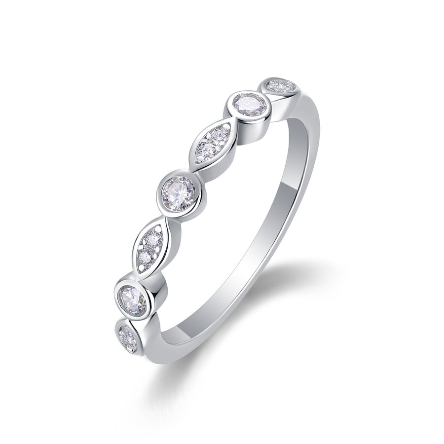 S925 Silver 1.8g Platinum Plated Moissanite Ring, 3.5mm Round & Marquise Bezel Half Eternity Band, GRA Certified US 5-9