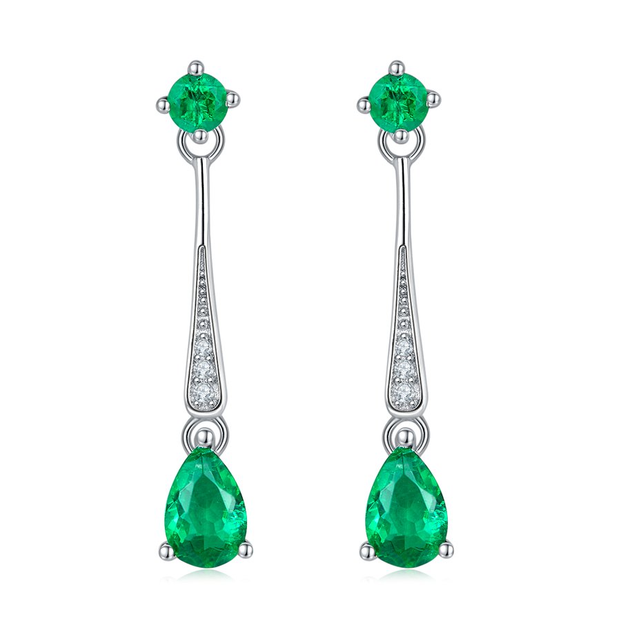 S925 Silver 1.7g Lab-Created Emerald Drop Earrings, 0.5ct 6x4mm Pear & Round, Pair