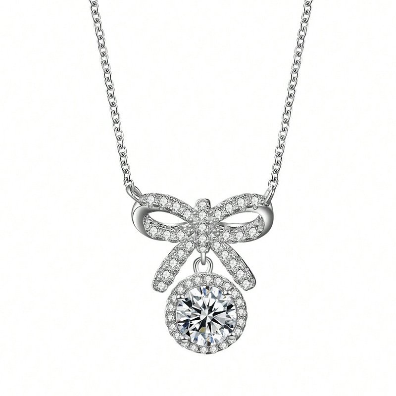 S925 Sterling Silver 1ct D Color VVS1 Moissanite Bow Necklace 45cm Platinum Gold Plated GRA Certified Gift Box