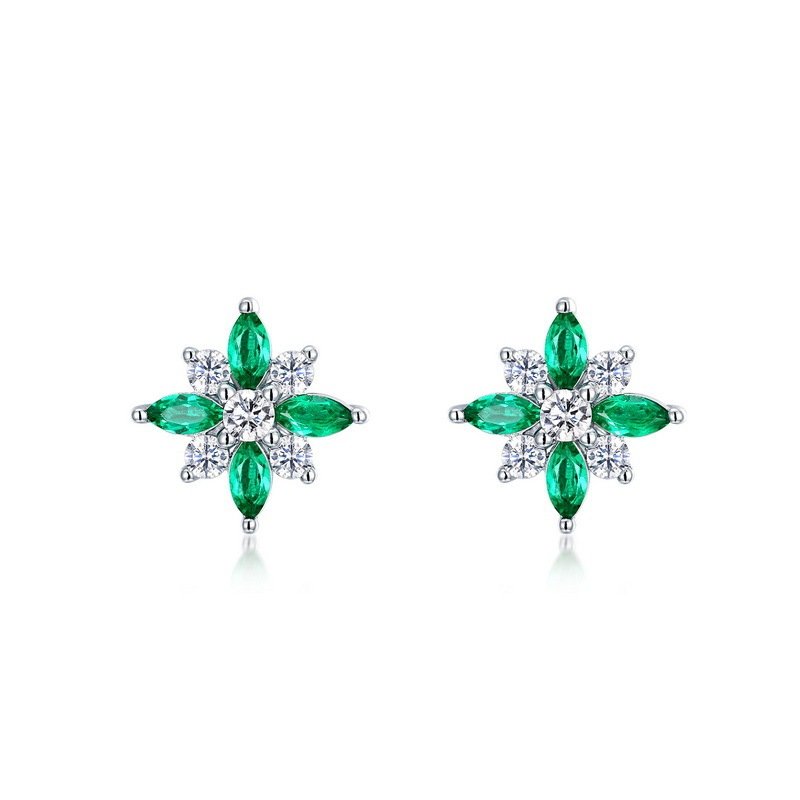 S925 Sterling Silver Lab-Grown Emerald Flower Stud Earrings, 4x2mm Marquise Cluster, Platinum Plated 1.4g, Women's Jewelry Gift Box