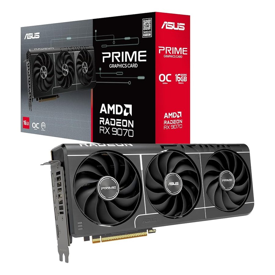 ASUS Scheda grafica Prime Radeon RX 9070 OC Edition (PCIe 5.0, HDMI/DP 2.1, design a 2,5 slot, ventole assiali tecnologiche, cuscinetti a doppia sfera della ventola, Dual BIOS, ASUS GPU Guard)