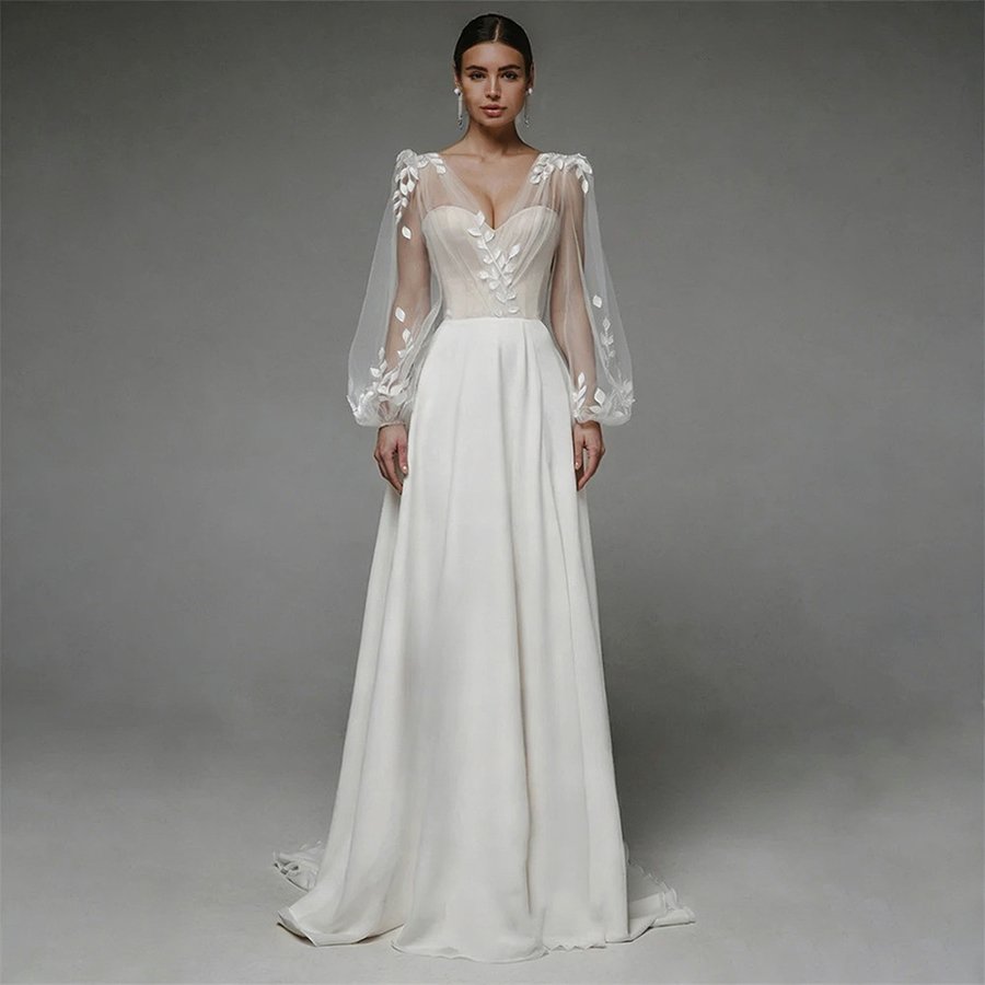 V-neck Sheer Bubble Long-sleeve Three-dimensional Floral Satin Wedding Dress