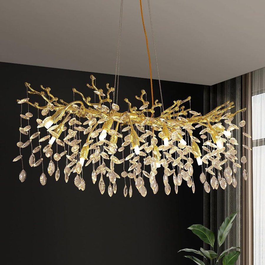 ZenithBeam Lampadario Di K9 Cristallo Oro,Grandi Lampadari Soggiorno Moderno A Forma Di Ramo,Lampadario Sospensione 10 Luci Per Sala Da Pranzo Cucina Lobby Camera Da Letto(L120 Cm)