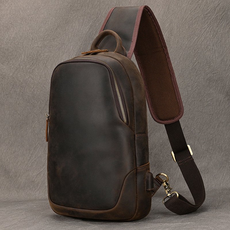 Crazy Horse Leather Chest Bag Large-Capacity Mens Casual Crossbody Bag