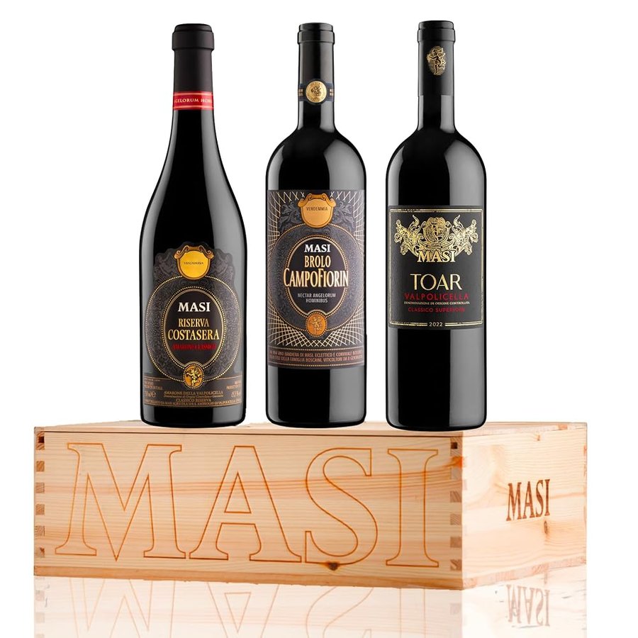 Masi CONFEZIONE ESCLUSIVA "OSELETA" | RISERVA COSTASERA 2019 Amarone Classico DOCG, BROLO CAMPOFIORIN 2022 Rosso Verona IGT, TOAR 2022 Valpolicella Superiore DOC | 3X750 ml | Confezione in legno