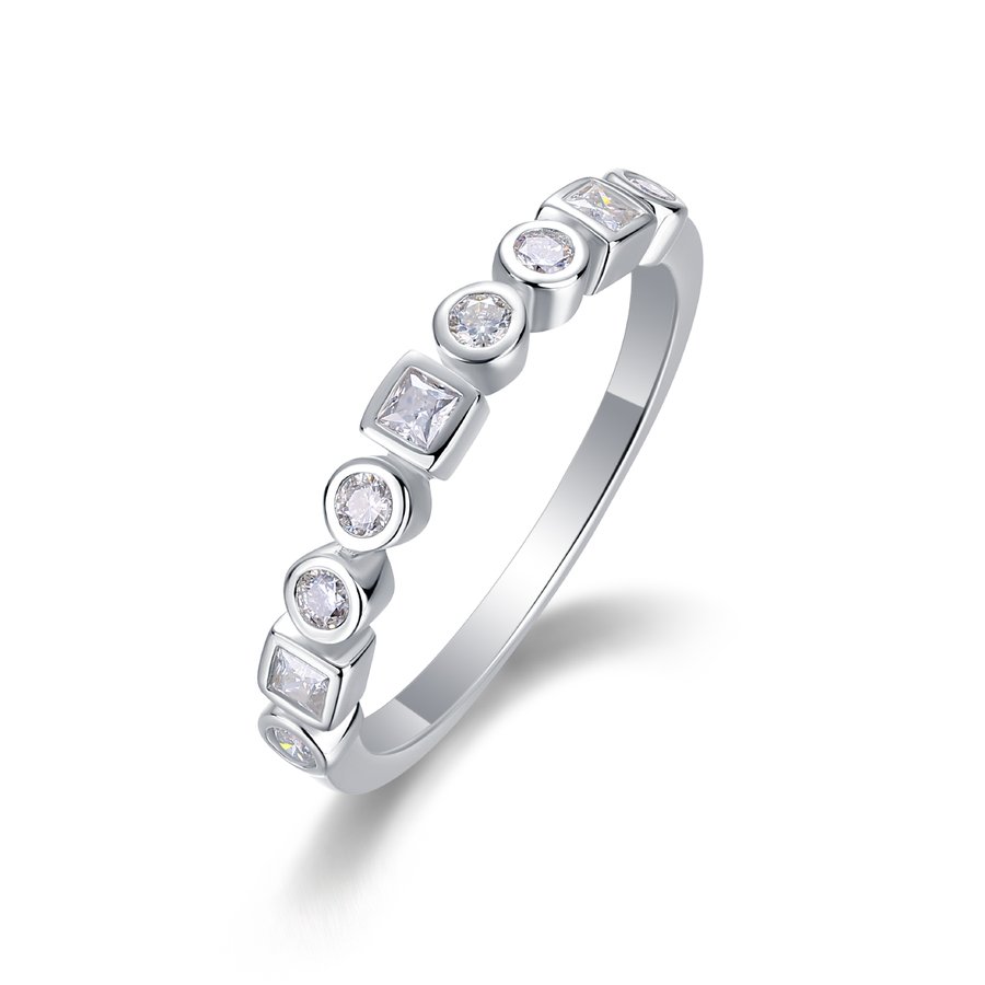 S925 Silver 2.0g Platinum Plated Moissanite Ring, Alternating Round & Square Bezel Set Half Eternity Band, GRA Certified US 5-9