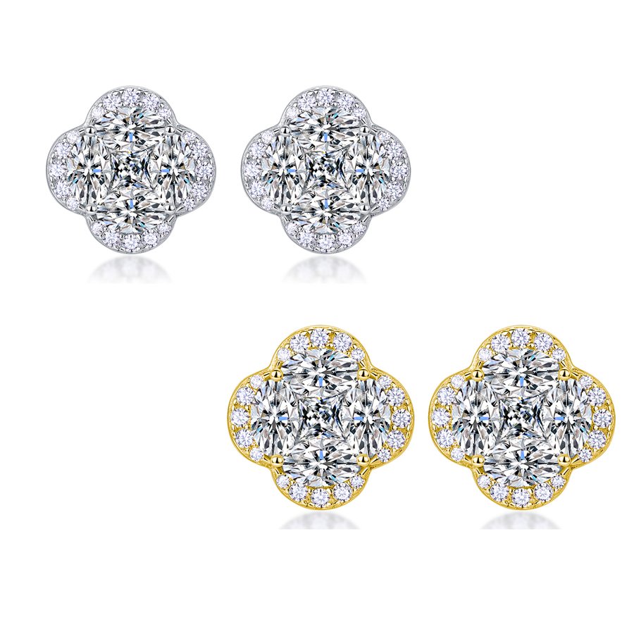 S925 Sterling Silver Four-Leaf Clover Stud Earrings, D-VVS1 Marquise Moissanite Cluster Halo, Platinum Plated 3.6g Women's Jewelry Gift Box