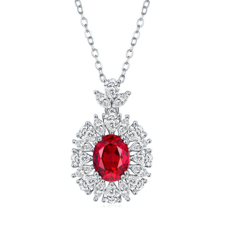 S925 Silver 4.6g Platinum Plated 2ct Lab-Created Ruby Necklace, 9x7mm Vintage Halo, 40&5cm