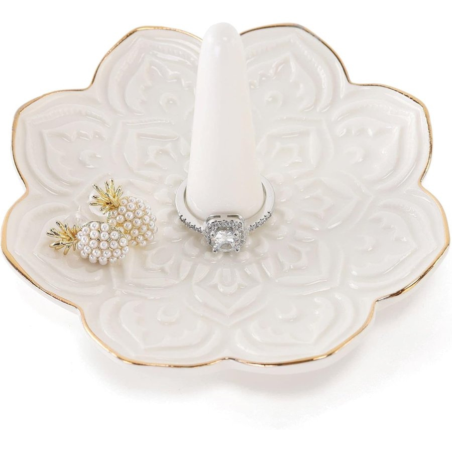 Ceramic White Mandala Jewelry Holder Decorative Ring Holder Trinket Tray Engagement Wedding Birthday Gifts For Women Her