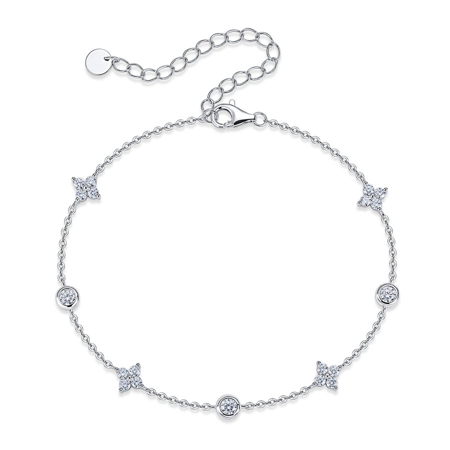 S925 Sterling Silver Moissanite Station Bracelet, D-VVS1 Adjustable Chain, Platinum Plated 2.5g Women's Jewelry Gift Box Set