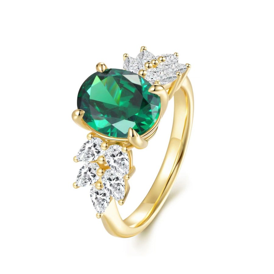S925 Silver Gold Plated 3ct Lab-Grown Emerald Moissanite Ring 10x8mm D Color VVS1 Pear Accents US Size 5-9 GRA Certified Gift Box