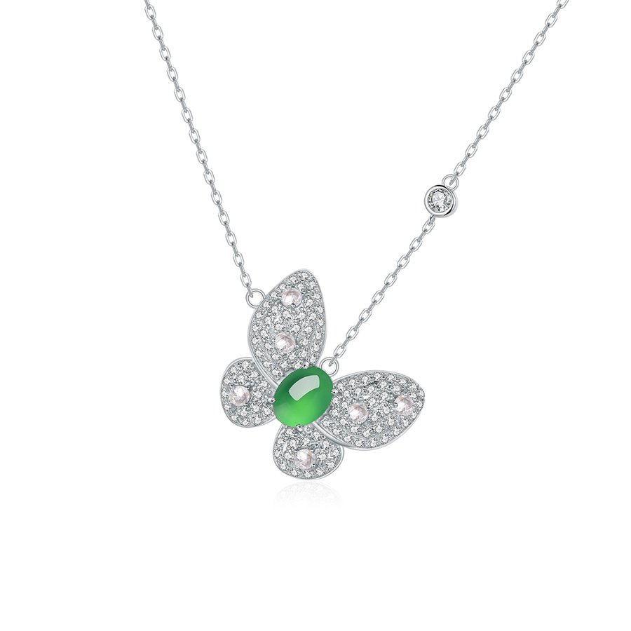 S925 Sterling Silver Butterfly Necklace, 8x6mm Oval Green Chrysoprase Pendant, Platinum Plated 45cm Chain, 5.0g Elegant Women's Jewelry With Gift Box