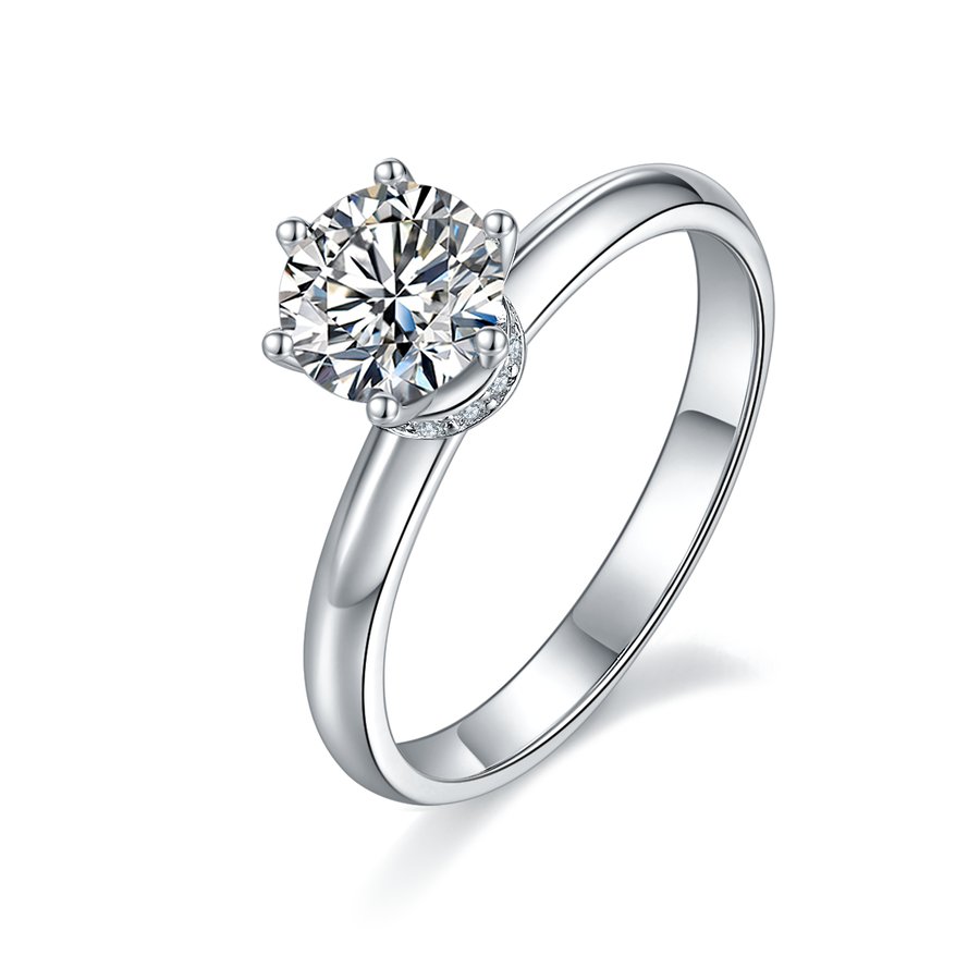 S925 Sterling Silver 1ct Moissanite Engagement Ring, D-VVS1 6-Prong Solitaire With Pave Collar, US Sizes 5-9, GRA Certificate Gift Box