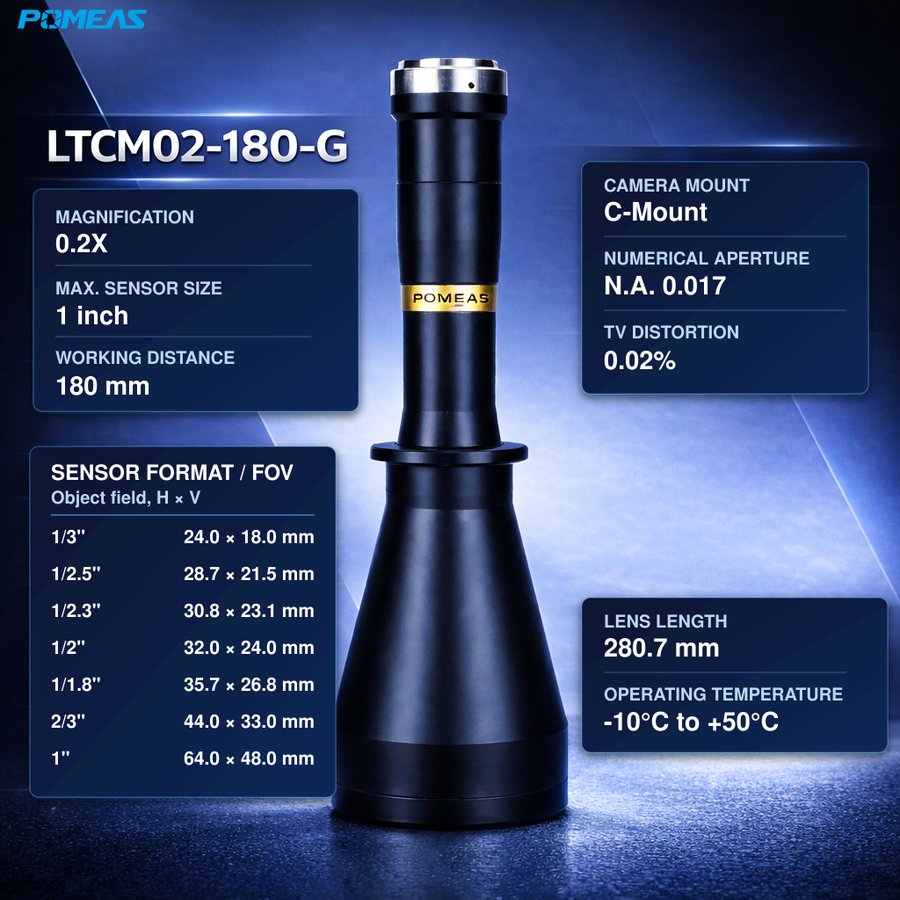 0.2X High-Resolution C-Mount Telecentric Lens For Large-Field Precision Measurement, 180 Mm WD