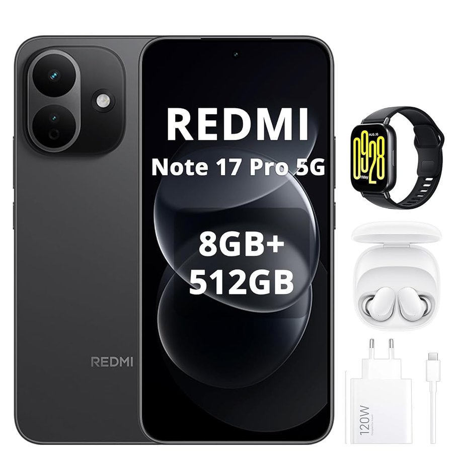 XIAOMI Redmi Note 17 Pro 5G, Smartphone 8+ 512GB, Potente Batteria da 8340mAh, IP66/IP68, Fotocamera 50MP, Display 1.5K AMOLED (6.83"), Nero, Include Caricatore 120W, Cuffie, Orologio