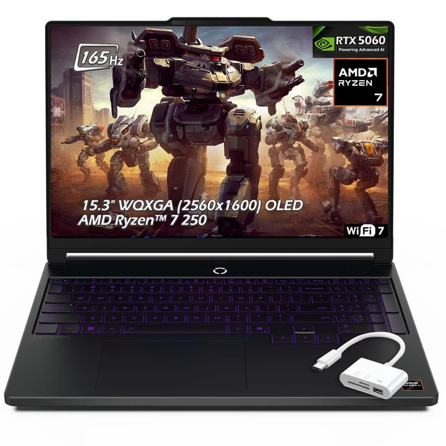 Lenovo Legion 5a Gaming Laptop, 15,3" OLED WQXGA (2560x1600) 165Hz, AMD Ryzen 7 250, NVIDIA GeForce RTX 5060, 32GB DDR5 RAM 2TB SSD, Backlit KB, Wi-Fi7, Win11, Eclipse Black, w/USB Hub, W/GaLiMu