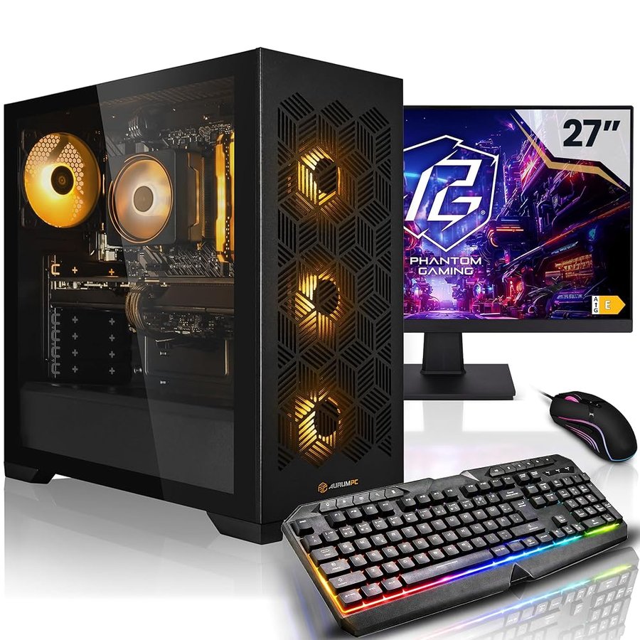 AURUMPC Aurum Completo PC Gaming Ryzen 7 5700 • 27” Schermo • Radeon RX9060XT 16GB • 32GB DDR4 • 1TB M.2 SSD • Windows 11 • Tastiera/Mouse • pc da gaming