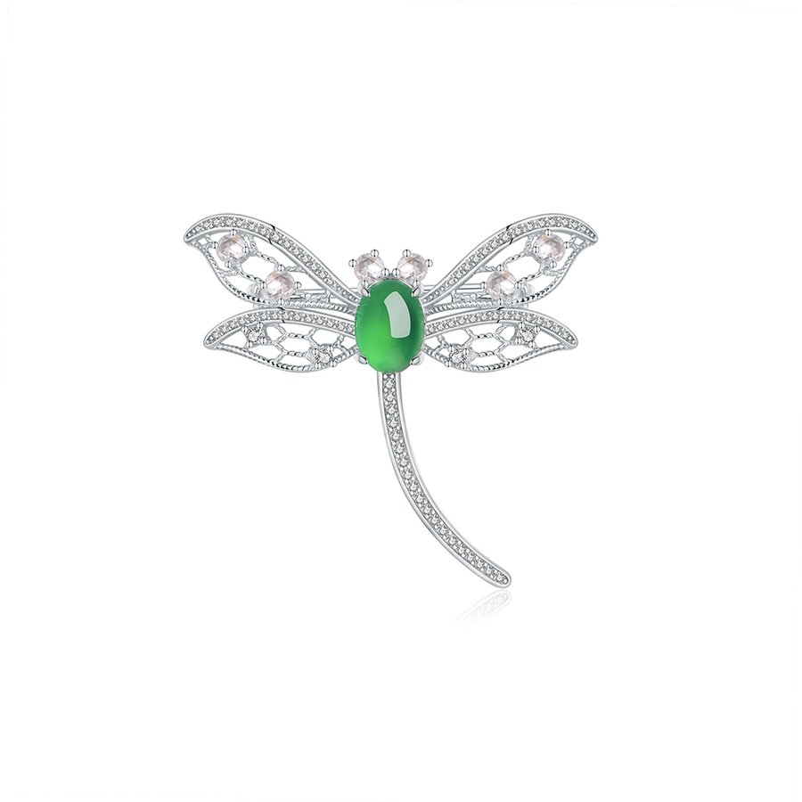 S925 Sterling Silver Dragonfly Brooch, 8x6mm Cabochon Green Chrysoprase, Platinum Plated 3.9g, Elegant Women's Brooch Pin With Gift Box