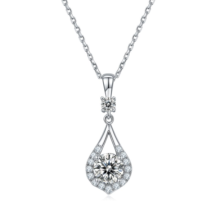 S925 Sterling Silver Teardrop Halo Necklace, 1ct D-VVS1 Moissanite & Lab-Grown Gems, Platinum Plated 1.7g With GRA Certificate Gift Box