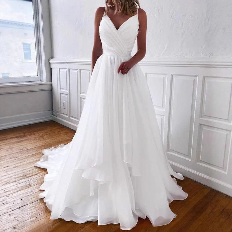 Fitted-waist Pleated V-neck Strap Light Wedding Dress