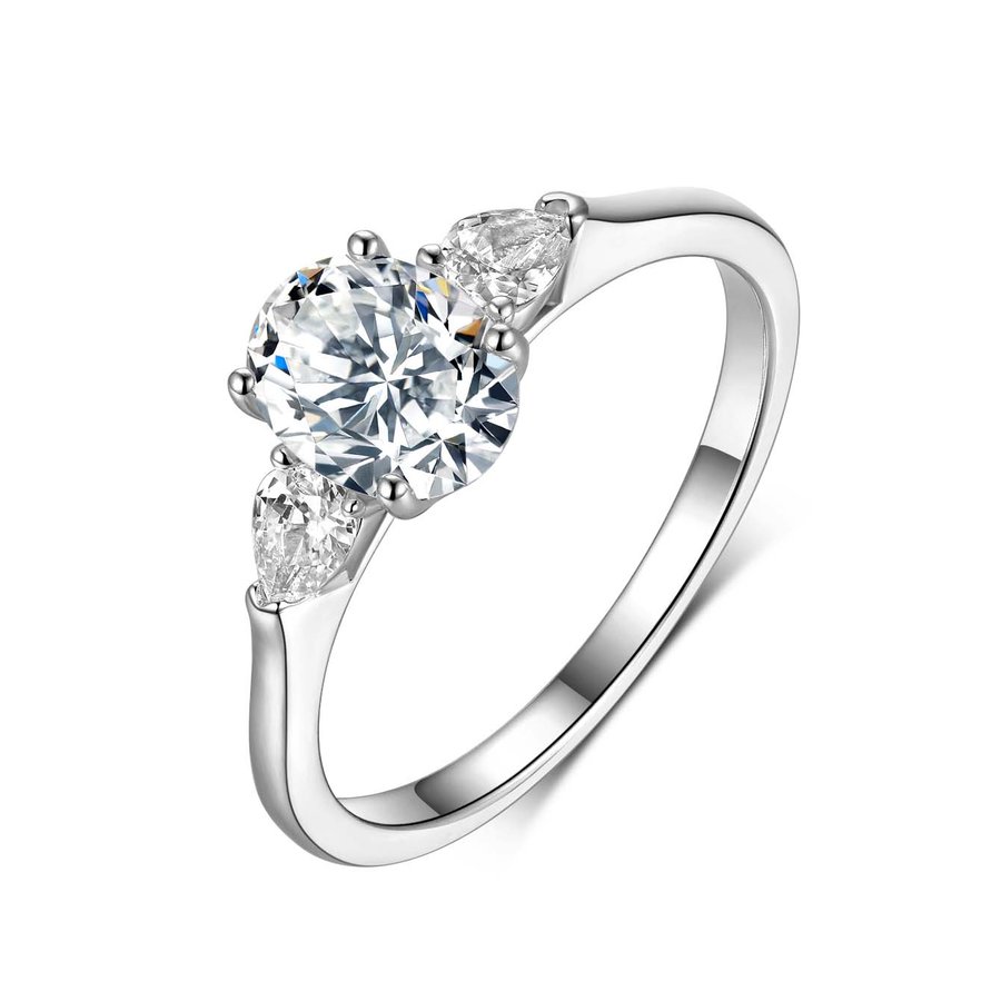 S925 Sterling Silver 8x6mm Oval Moissanite Three-Stone Ring D Color VVS1 Platinum Plated US Size 6-9 GRA Certified Gift Box
