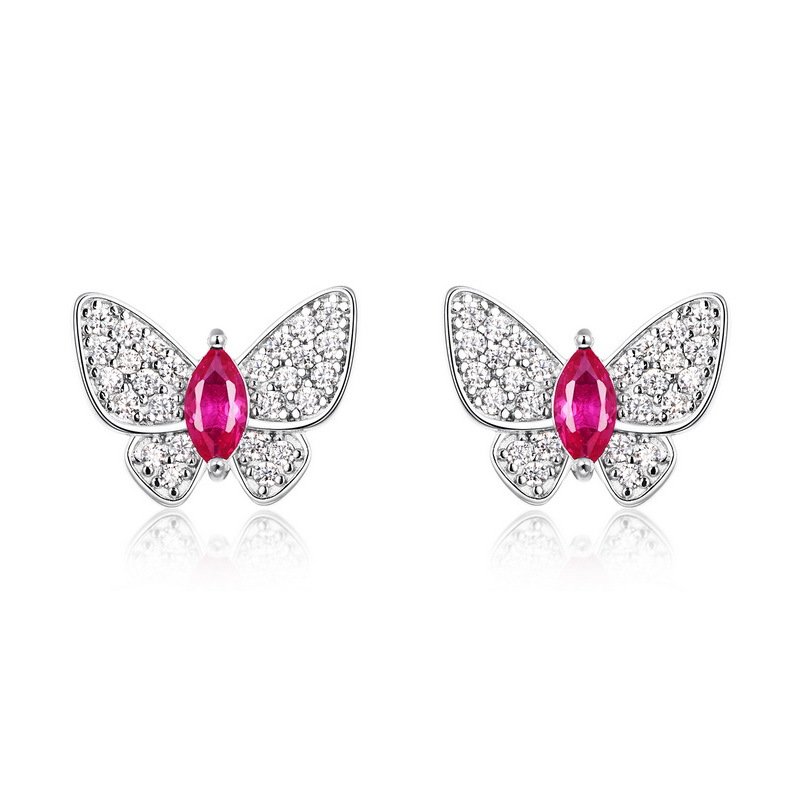 S925 Sterling Silver Butterfly Stud Earrings, 5x2.5mm Marquise Lab-Grown Ruby Sapphire Emerald, Platinum Plated 1.7g Fine Jewelry Gift Box