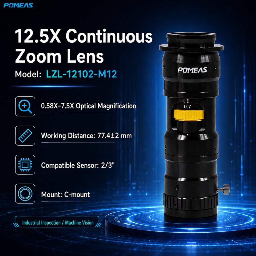 12.5x Continuous Zoom Lens 0.58x To 7.5x 77.4mm Working Distance C-Mount Machine Vision Lens LZL-12102-M12