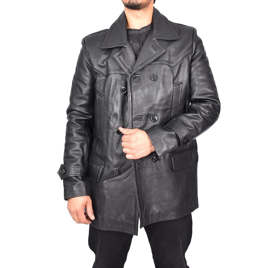 Giacca da uomo in pelle pieno fiore cappotto classico doppio petto stile cappotto nero Eberardo