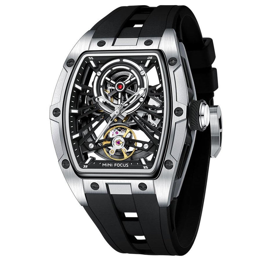 Orologio automatico da uomo a botte, con scheletro di lusso, impermeabile, analogico, quadrante quadrato, quadrante grande, cinturino in silicone