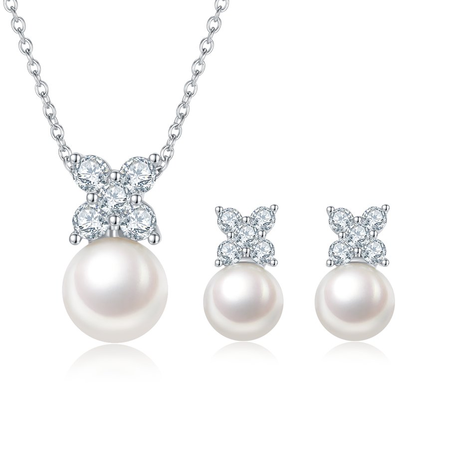 S925 Sterling Silver Natural Freshwater Pearl Necklace Earrings Set Butterfly Flower Design Platinum Plated 3.2g Gift Box