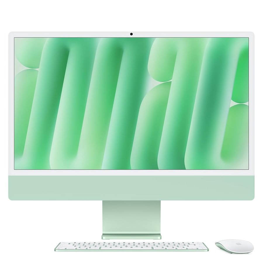 Apple iMac Computer desktop all-in-one: Chip M4, CPU 8-core e GPU 8-core: display Retina 24'', 16GB di memoria unificata, 256GB di archiviazione SSD, con accessori. Per iPhone/iPad; Verde