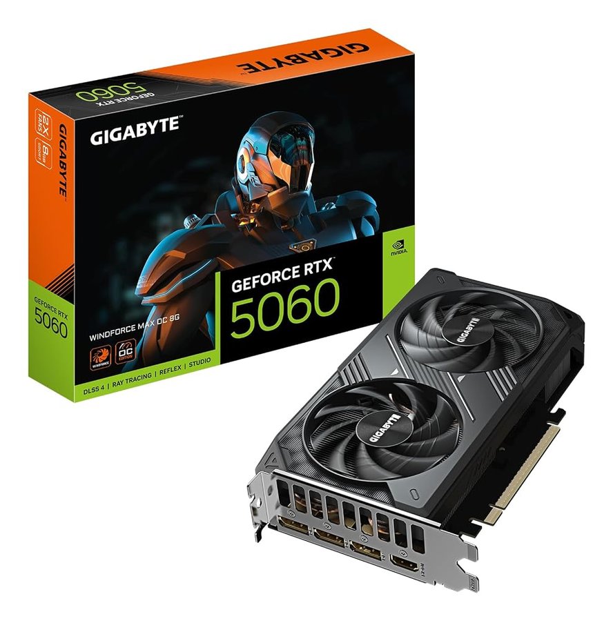 Gigabyte GeForce RTX 5060 WINDFORCE MAX OC 8G Scheda Grafica – 8 GB GDDR7, 128 bit, PCI-E 5.0, 2512 MHz Frequenza del core, 3 x DisplayPort, 1 x HDMI, NVIDIA DLSS 4, GV-N5060WF2MAX OC-8GD