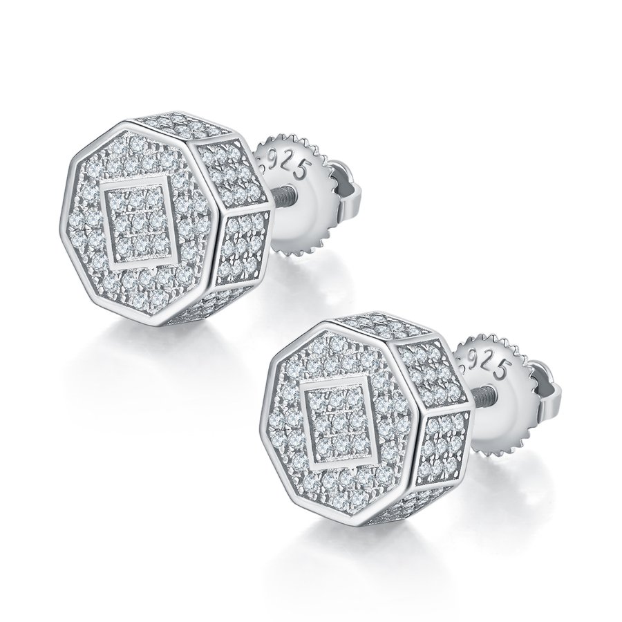 S925 Sterling Silver 214pcs D Color VVS1 Moissanite Octagon 3D Earrings 10mm Screw Back Hypoallergenic GRA Certified Gift Box