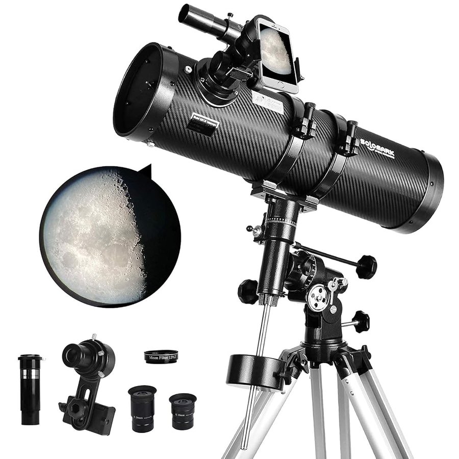 Telescopio riflettore newtoniano 130EQ per adulti, telescopi professionali per adulti astronomia, viene fornito con adattatore per smartphone con obiettivo Barlow 1.5X e filtro luna T 13%