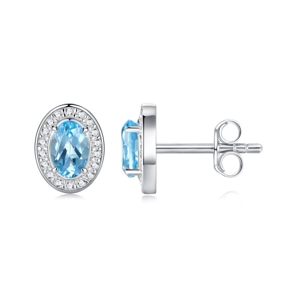 1.65g S925 Sterling Silver Halo Stud Earrings For Women  Oval Cut Blue Topaz & Moissanite, Platinum Plated Jewelry Gift Box Set