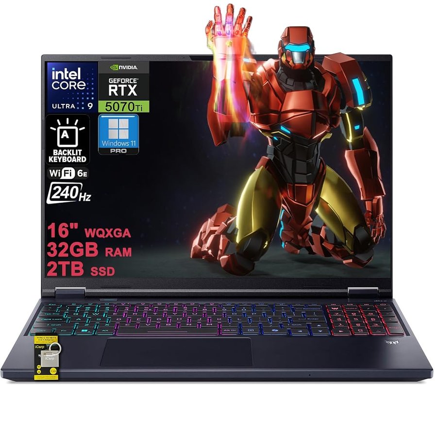 Acer Predator Helios Neo 16S AI Gaming Laptop 16" 2560x1600 OLED 240Hz (100% DCI-P3 G-SYNC) Intel 24-core Ultra 9 275HX 32GB DDR5 2TB SSD GeForce RTX 5070 Ti GDDR7 (fino a 992 AI TOPS) Win1 1Pro ICP