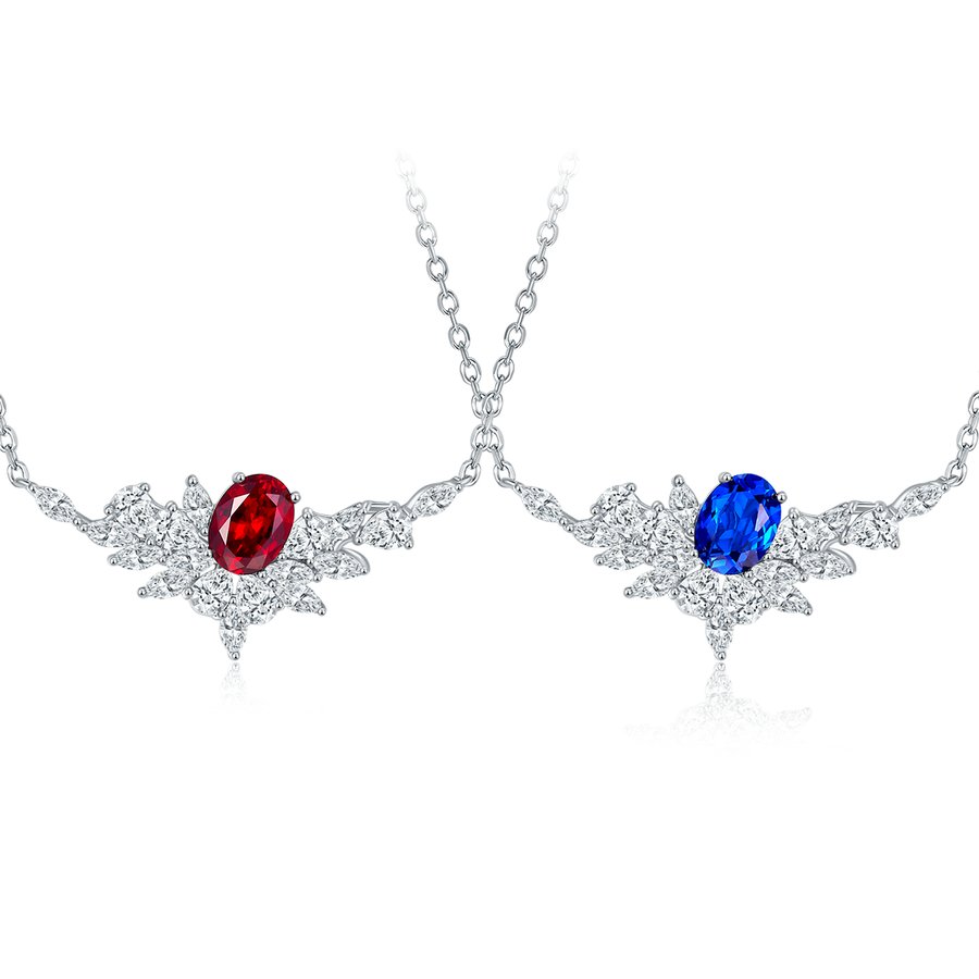 S925 Sterling Silver Lab-Grown Ruby Sapphire Necklace, 8x6mm Oval With Marquise Cluster, Platinum Plated 40&45cm Chain, 5g, Gift Box