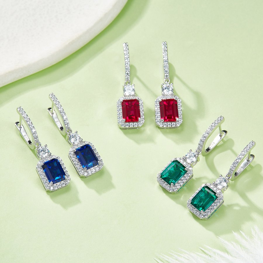S925 Sterling Silver Lab-Grown Emerald Cut Drop Earrings, 6x8mm 6ct Ruby Sapphire Emerald, Platinum Plated 5.2g Women's Jewelry Gift Box