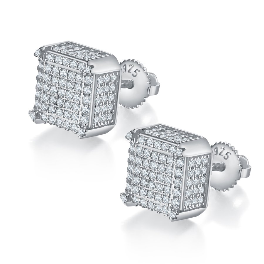 S925 Sterling Silver 218pcs D Color VVS1 Moissanite 3D Cube Earrings 2g Screw Back Hypoallergenic GRA Certified Gift Box