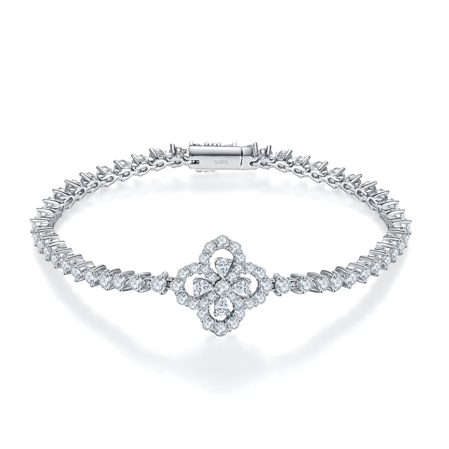 S925 Sterling Silver Clover Moissanite Tennis Bracelet 17.5cm Pave Design D Color VVS1 GRA Certified Platinum Plated Gift Box