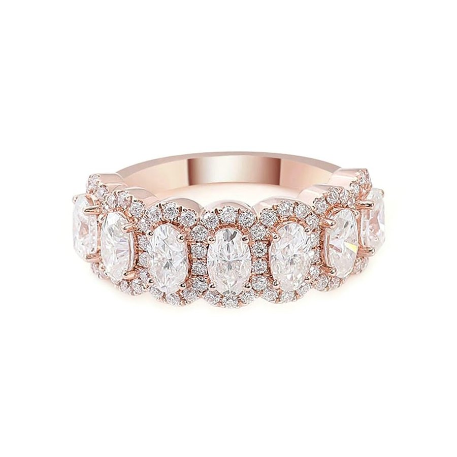 Anelli Fidanzamento Donna Oro Rosa 14K, Anello di Matrimonio Lusso Mezza Eternità con Moissanite Ovale Anello Vintage Donna Oro Rosa per Mamma, Fidanzata, Sposa