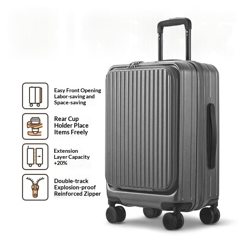 Zhuzhu Grey--New Side-Opening Expandable 20-Inch Carry-On Rolling Suitcase 26-Lock Travel Luggage 24-Large Capacity Leather Bag For Men And Women