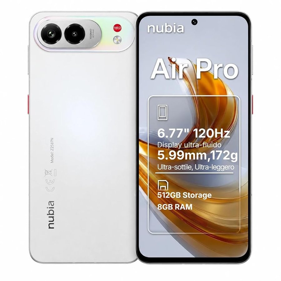 nubia Air Pro Smartphone 5G ultrasottile, 6,77’’ AMOLED 120Hz, MediaTek Dimensity 7100, RAM 20GB, 512GB, Fotocamera 108MP, Batteria 5000mAh, Android 16, Aero White