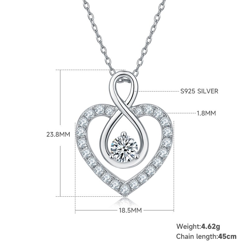 4.6g S925 Sterling Silver 1CT Moissanite Infinity Heart Necklace 45cm  23 Stone Pave Pendant With GRA, Platinum Plated Romantic Gift Box Set For Women