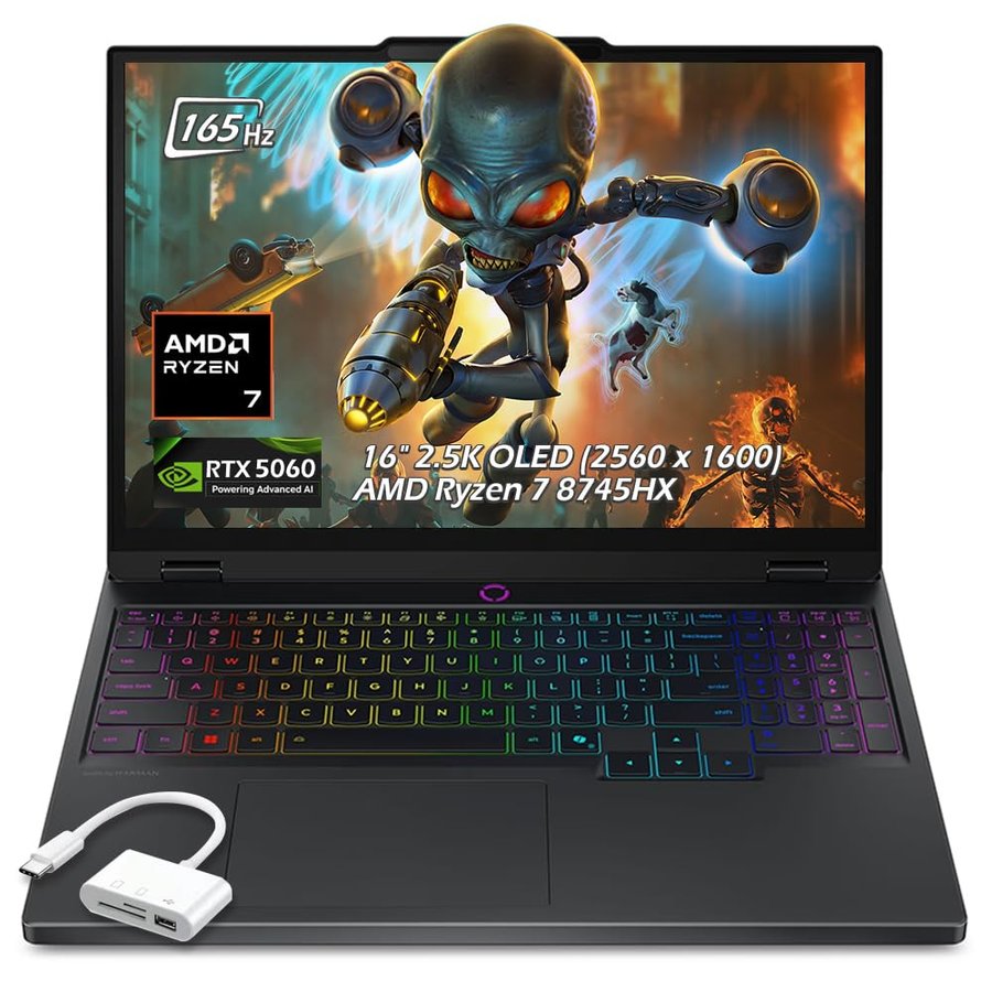 Lenovo Legion Pro 5 Gaming Laptop – AMD Ryzen 7 8745HX – 16" WQXGA OLED 165Hz – NVIDIA GeForce RTX 5060 – 32 GB RAM 1TB SSD – retroilluminato KB Wi-Fi7 Win11 – nero Eclipse – con hub USB, W/GaLiMu