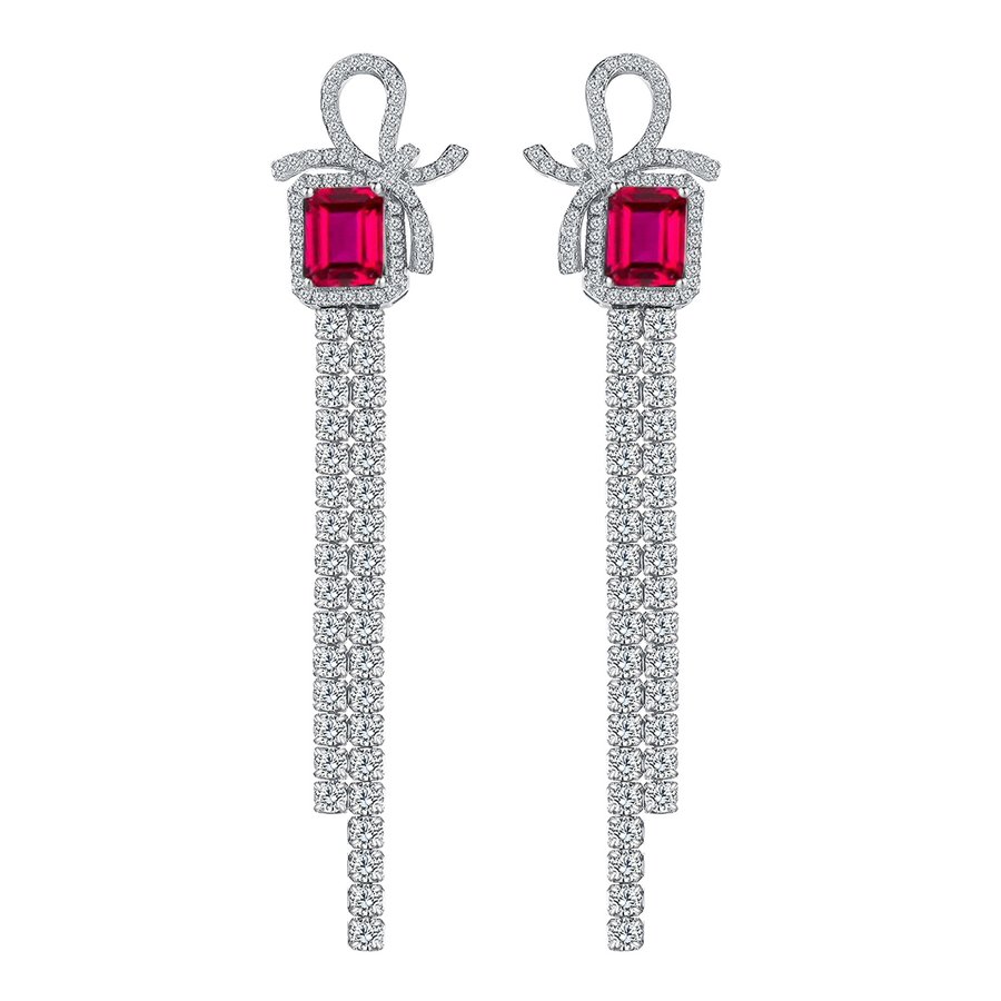S925 Sterling Silver Bow Tassel Dangle Earrings, 8x6mm Lab-Grown Ruby & Emerald, Platinum Plated 8.1g Women's Luxury Jewelry Gift Box