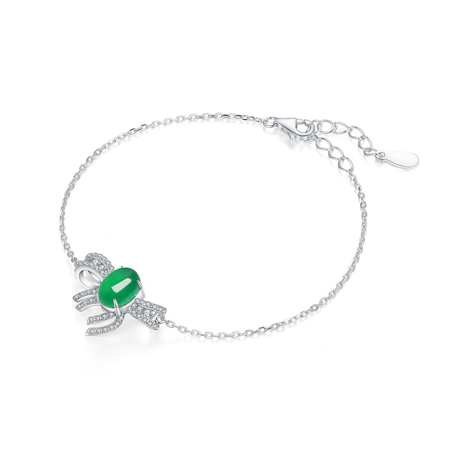 S925 Sterling Silver Bowknot Bracelet, 8x6mm Cabochon Green Chrysoprase, Platinum Plated 2.5g, 19cm Link Chain, Elegant Women's Jewelry With Gift Box