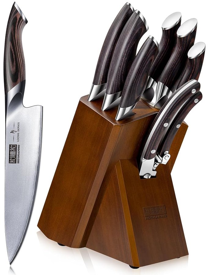 HOSHANHO Set Coltelli da Cucina, 8 PCS Set di Coltelli da Cucina con Blocco | Set Coltelli da Cucina Professionali Ultra Affilati in Super Steel Giapponesi con Ceppo di Legno e Forbici